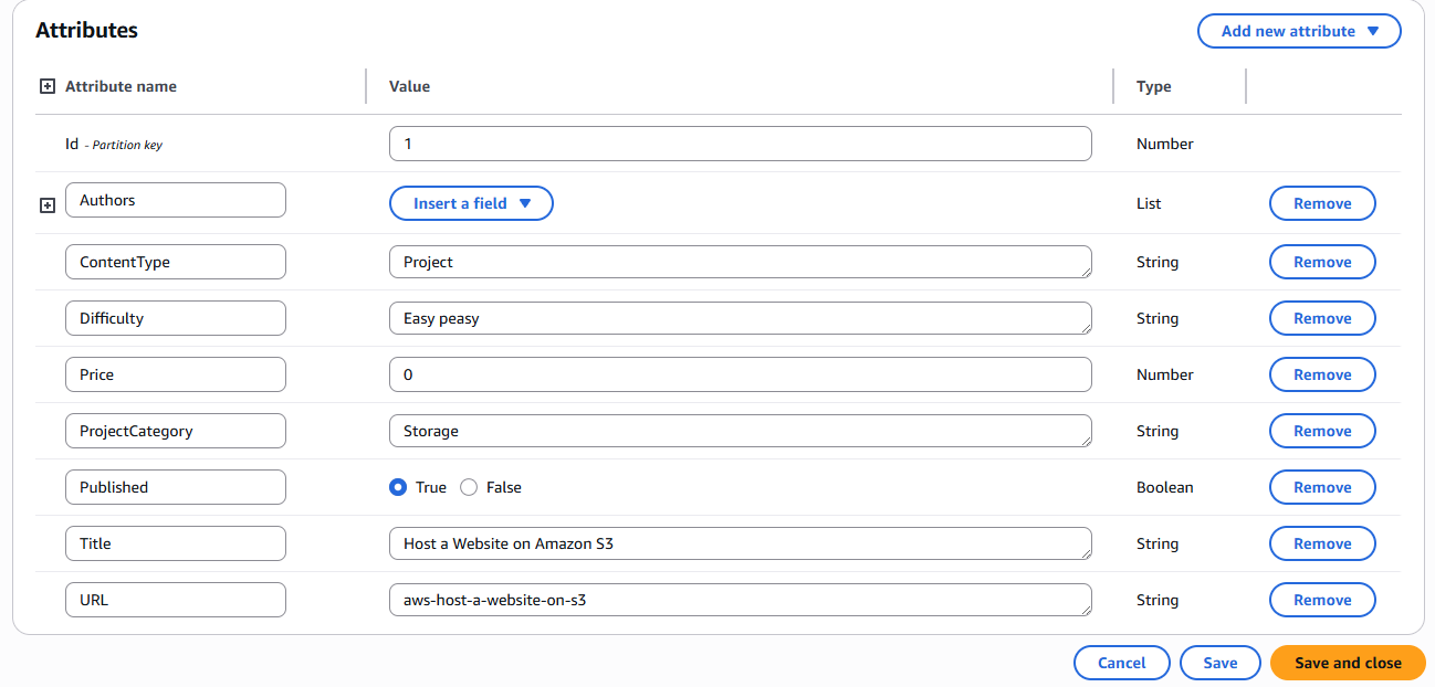 DynamoDB Item Attributes
