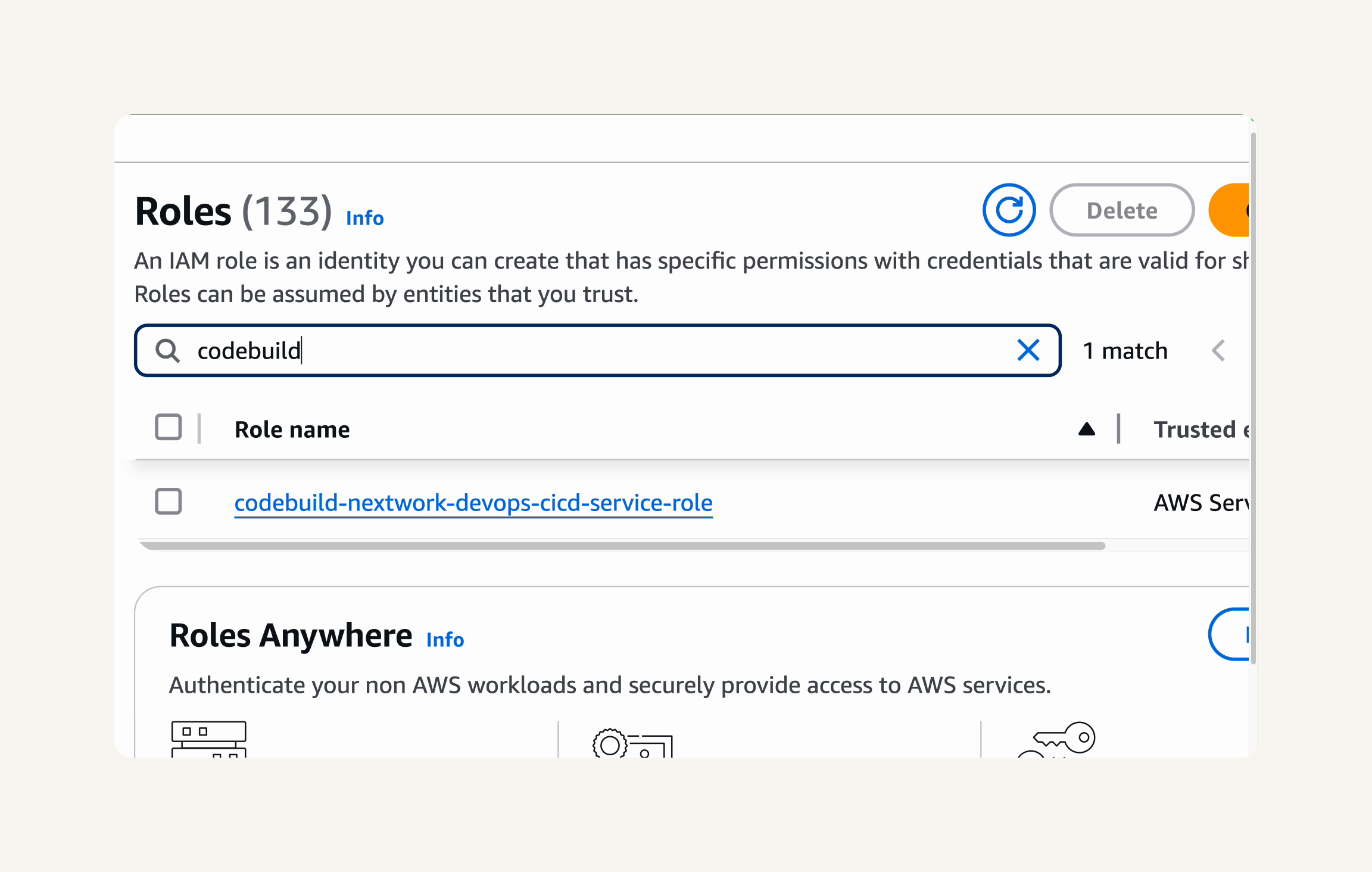 Searching for codebuild in IAM roles.