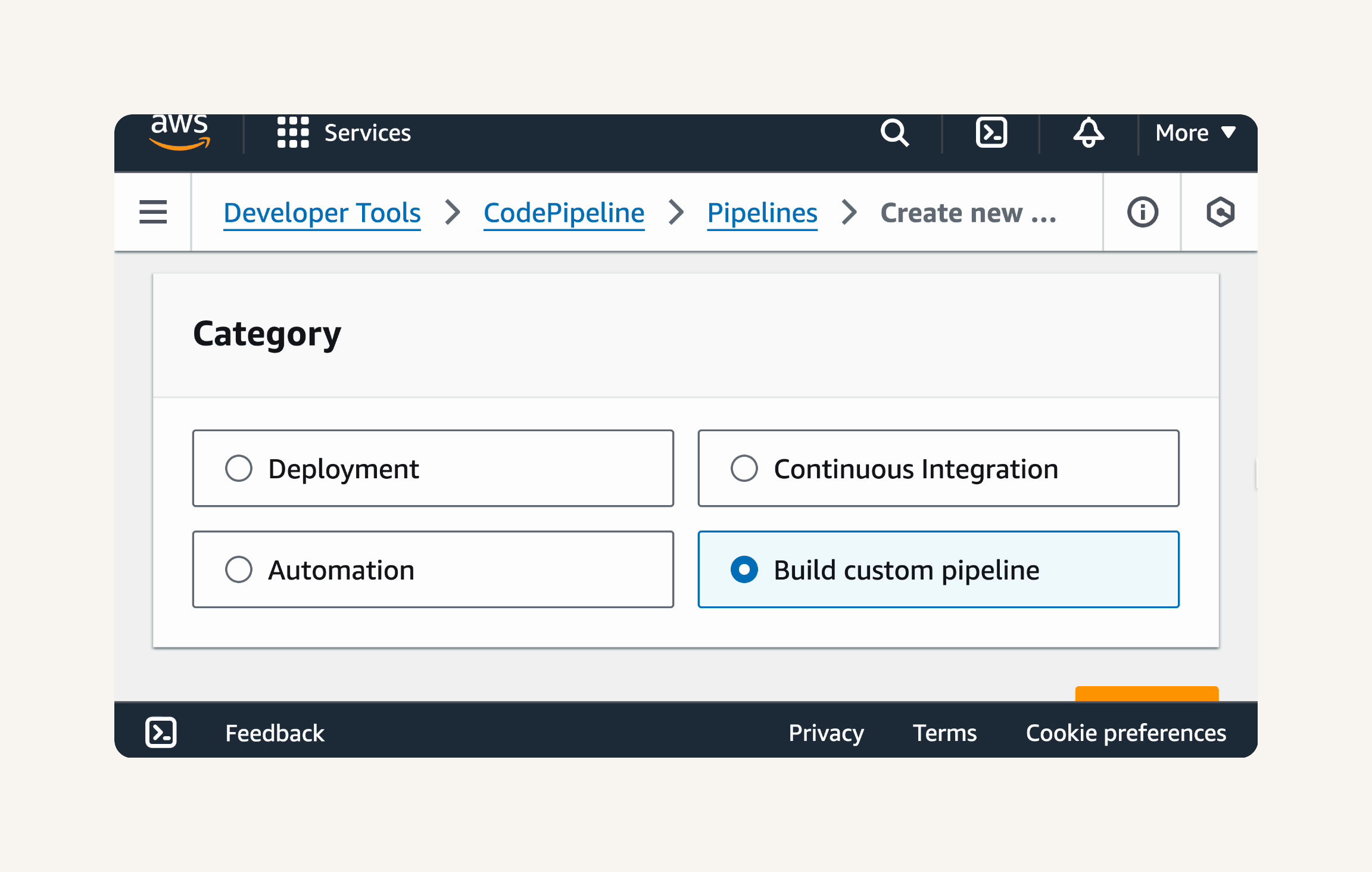 Build custom pipeline selected.