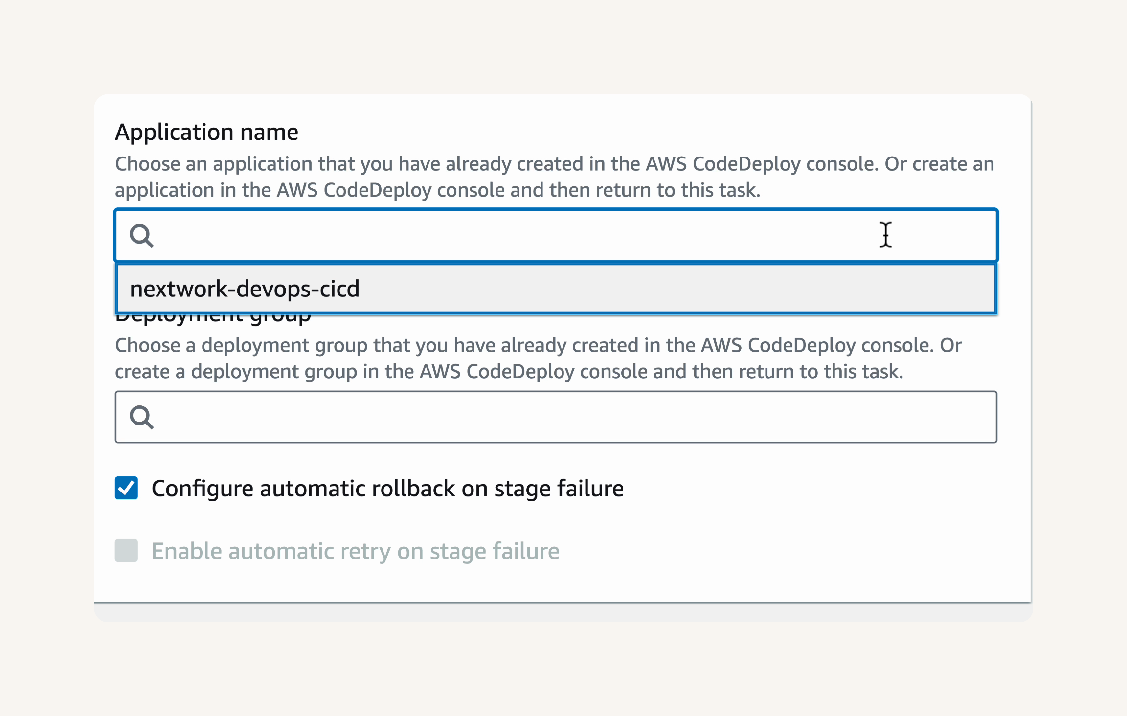 CodeDeploy application and deployment group selected.