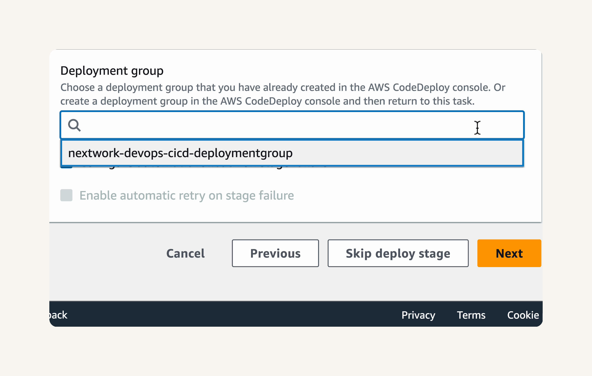 CodeDeploy deployment group selected.