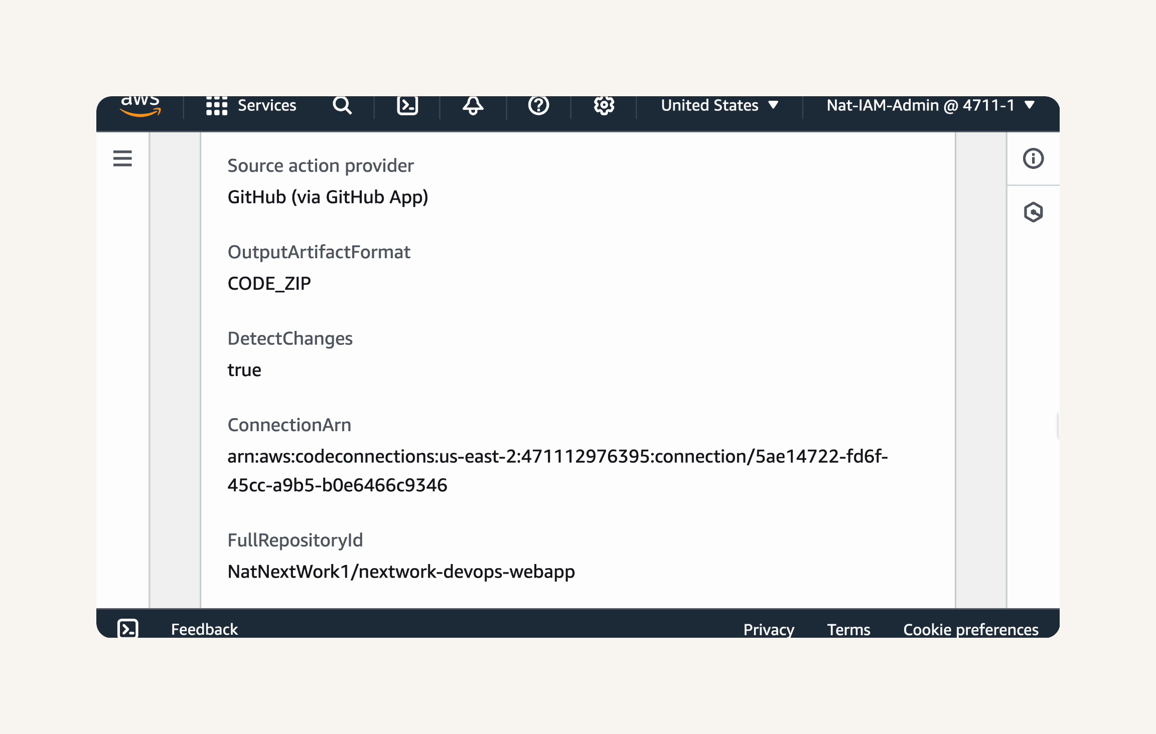 Review pipeline source action settings.